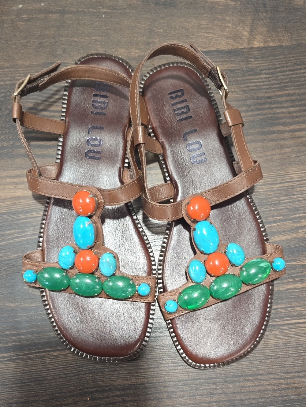 Bibi Lou Brown Leather Jeweled Sandals - Turquoise, Green & Orange